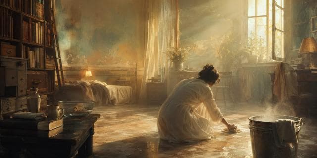 A woman in a white dress scrubs the floor of a vintage room with books, flowers, and an open window.