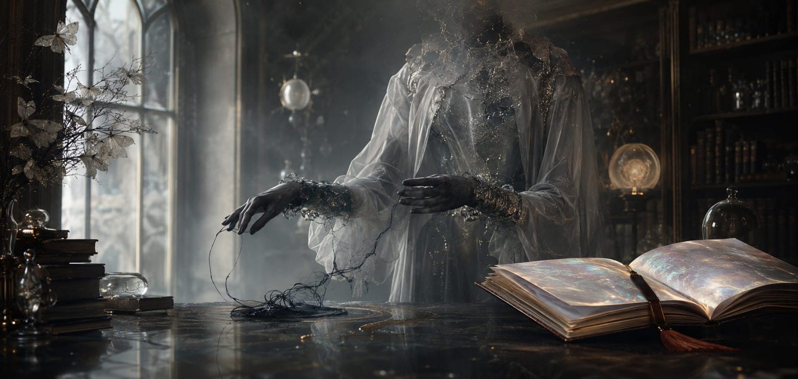 A ghostly figure in tattered robes hovers by a glowing book in an ornate, fantastical library.