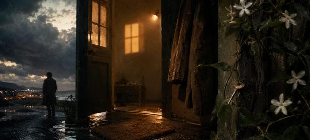 Coats drip by a wet doorway; flowers and a key rest outside as someone stands in the rain beyond.