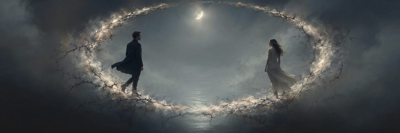 Under a crescent moon, two figures are separated by a glowing barrier as satire and subversion swirl around them in misty chaos.