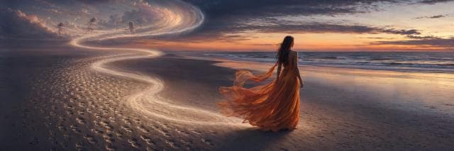 A woman in an orange dress stands on a surreal beach at sunset with glowing footprints forming a fantastical path behind her.