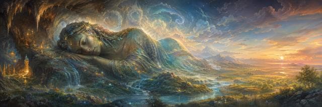A sleeping giant woman made of earth and water lies among rivers and mountains beneath a sunrise, symbolizing nature and reflection.