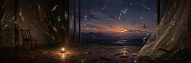 A wooden chair and lantern surrounded by debris with nature and reflections visible through open doors at sunset.