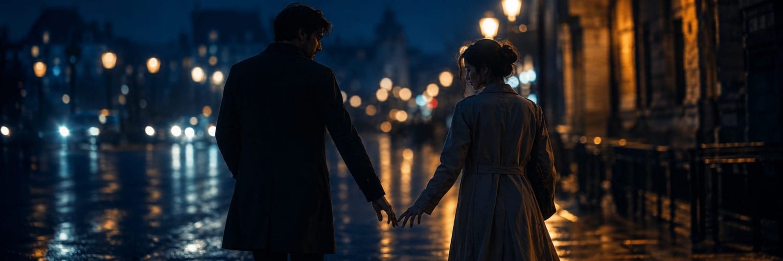 A man and woman walk hand in hand down a wet city street at night.