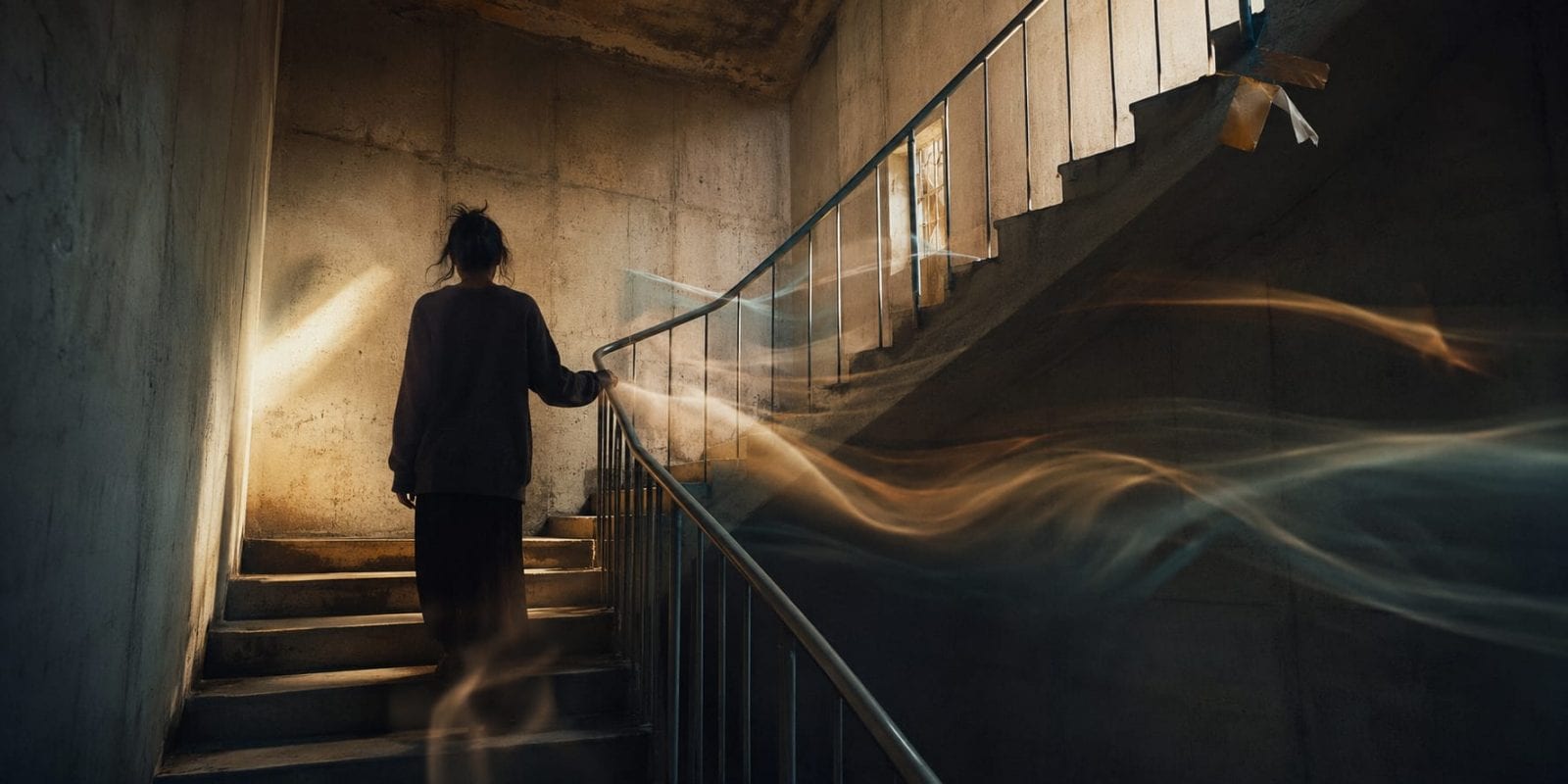 A person ascends a dim stairwell, with light trails suggesting strength and spirit in a mysterious, surreal scene.