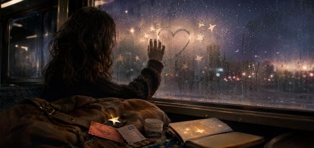 A person draws a heart on a foggy train window; tickets, a notebook, stars, and signs of quiet strength sit nearby.