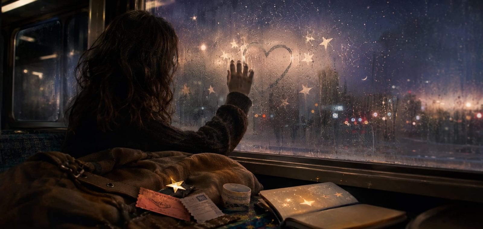 A person draws a heart on a foggy train window; tickets, a notebook, stars, and signs of quiet strength sit nearby.