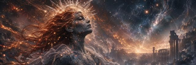 A surreal figure with glowing hair and a radiant crown stands among ancient ruins beneath a cosmic, star-filled sunset sky.