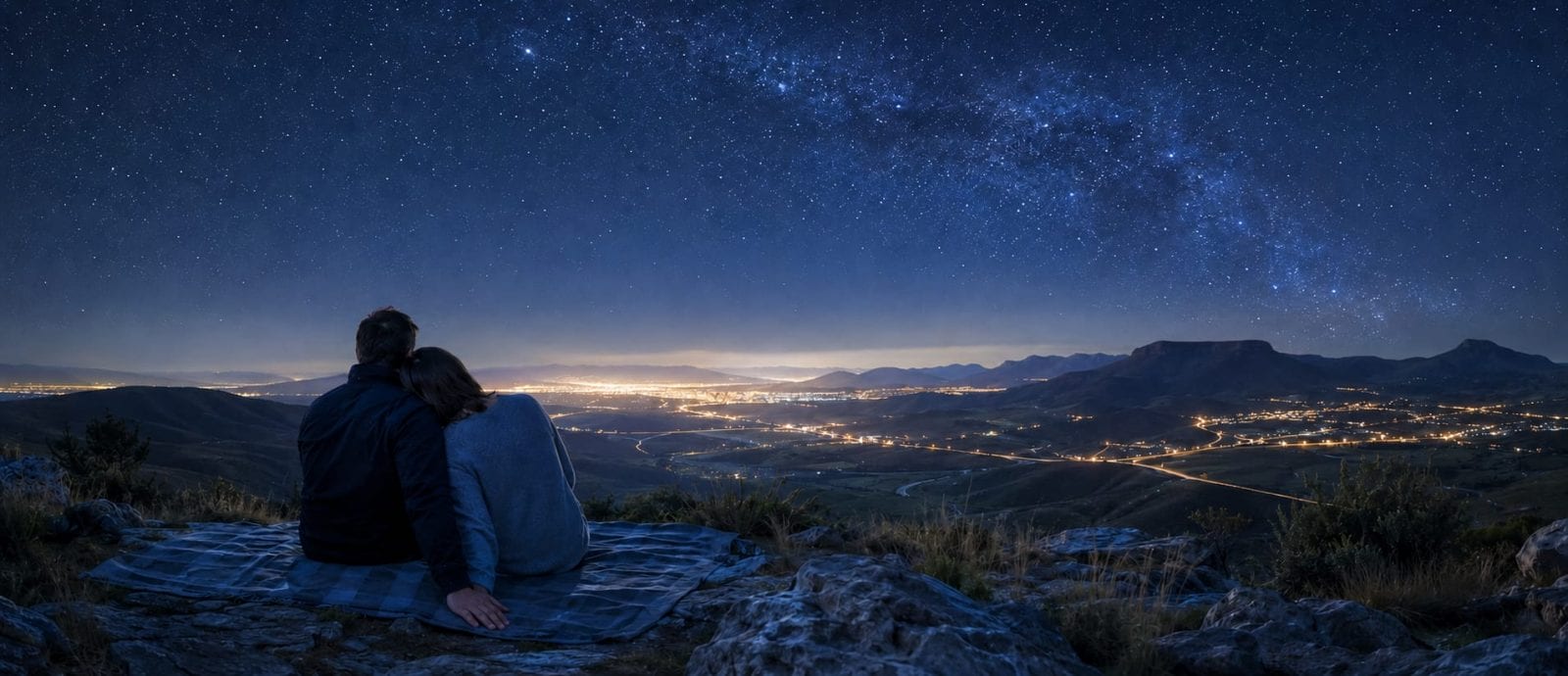 Two people sit on a blanket, gazing at a starry sky above city lights and distant mountains.
