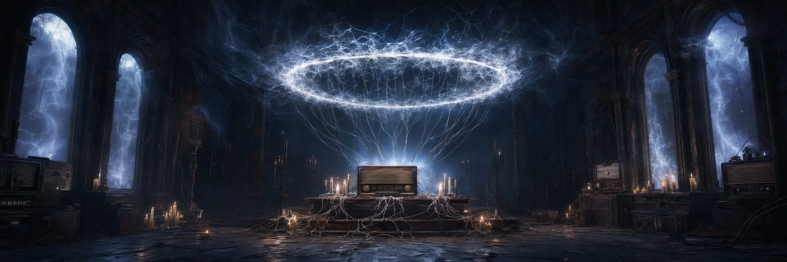 An old radio sits on a table with flickering candles and a glowing electric ring, creating a surreal, fantastical atmosphere.