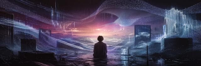 A person sits in a surreal digital world of swirling lights and screens under a vibrant, colorful sky.