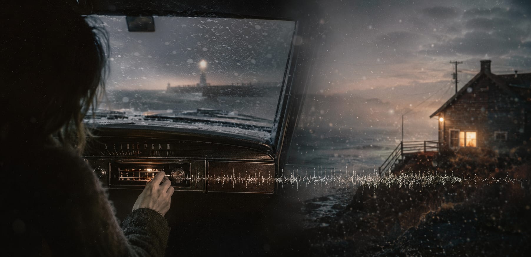 They tune the radio and see a lighthouse in the distance beneath a cloudy seaside sky.