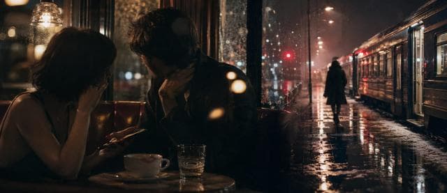 Two people sit together at a café table by a rainy window; outside, someone waits beside a train on the wet platform.
