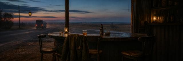 A lone coat bearing a small brass key rests at a rustic roadside bar as a bus leaves under a yellow signal at dusk.