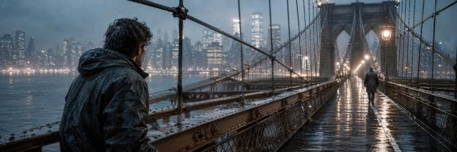 A person in a raincoat stands on a wet bridge at night, looking at the city skyline with shimmering reflections below.