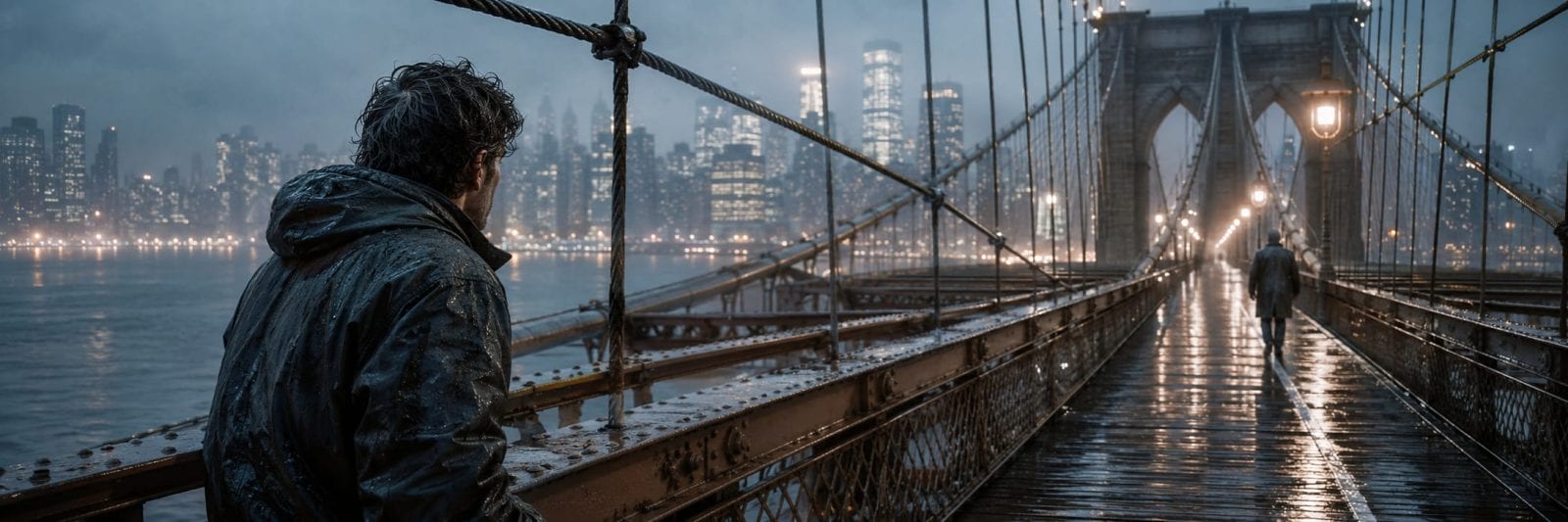 A person in a raincoat stands on a wet bridge at night, looking at the city skyline with shimmering reflections below.
