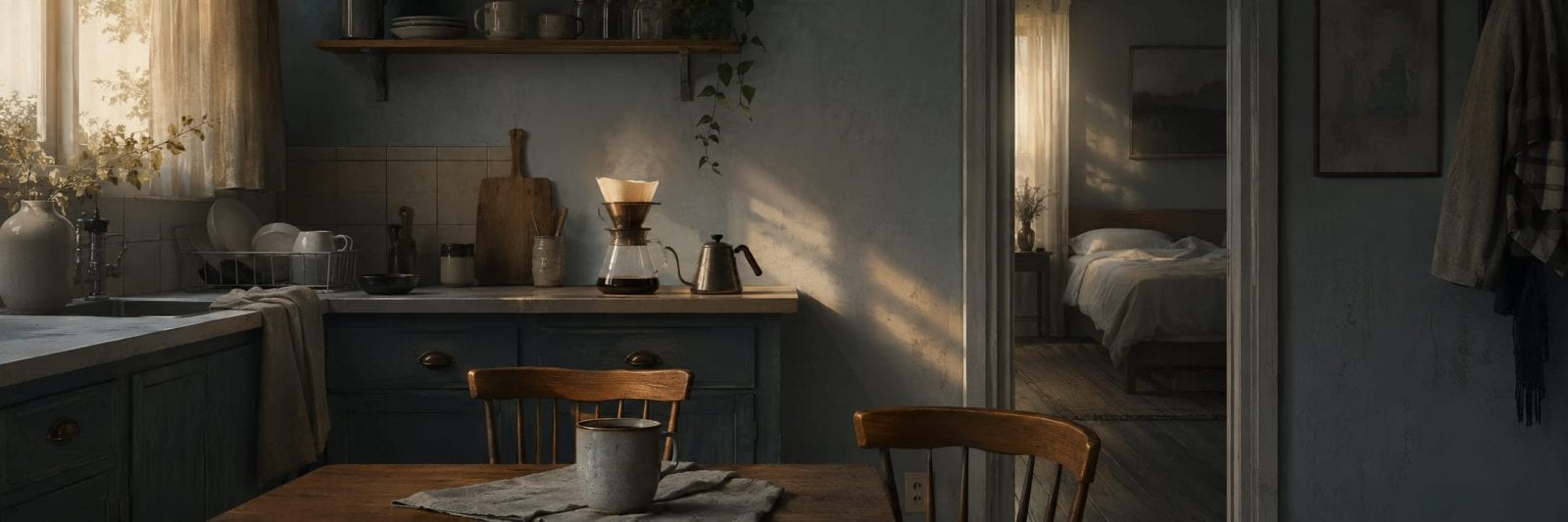 Sunlight fills a cozy kitchen with wooden cabinets and an open doorway, creating a warm, inviting atmosphere.