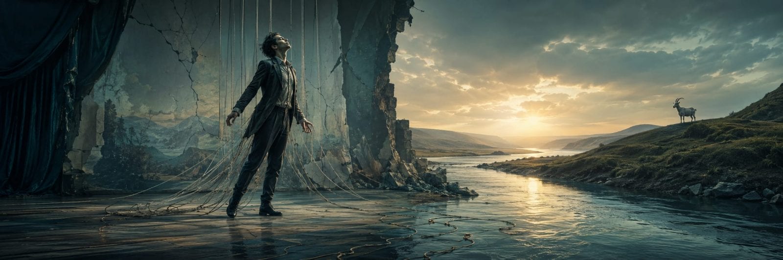 A man with ropes sits on a wet floor by a broken wall; nearby, a goat's reflection appears in a river surrounded by nature.