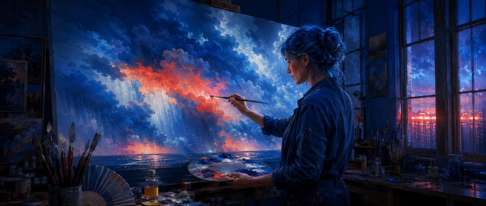 An artist with blue hair paints a vibrant sky on a large canvas in a studio at sunset, expressing strength and spirit.