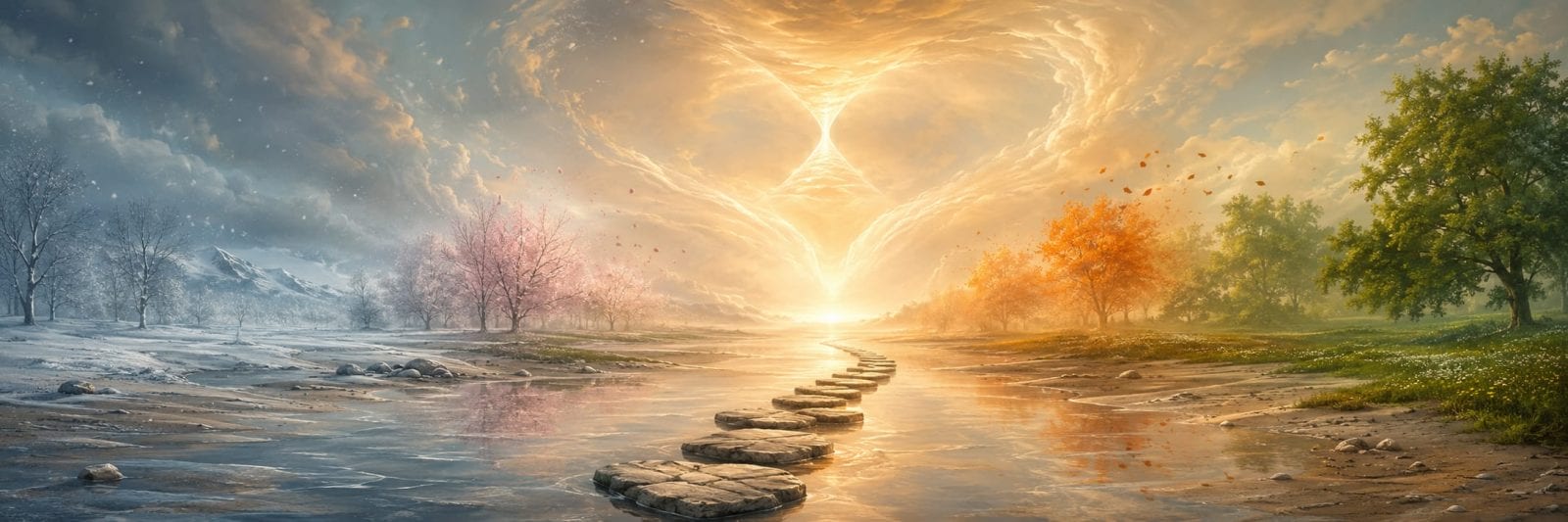 A stone path spans a river through changing seasons, beneath a glowing heart-shaped sky symbolizing strength and spirit.