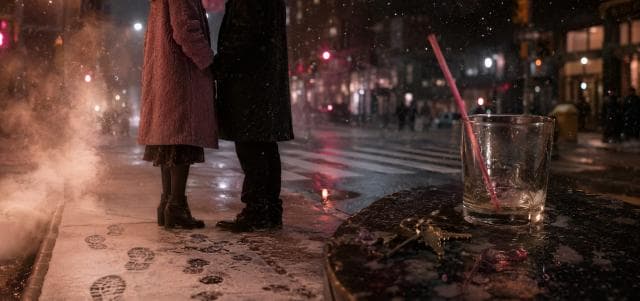 Two people stand close on a snowy city sidewalk at night, next to a wet table with a glass and keys.