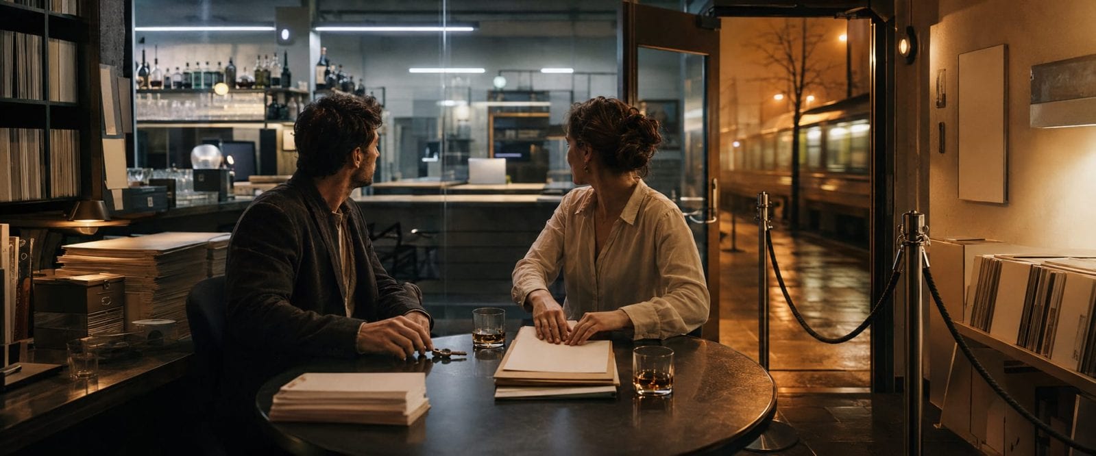 Two people sit at a round table in a cafe, watching a train pass by at night.