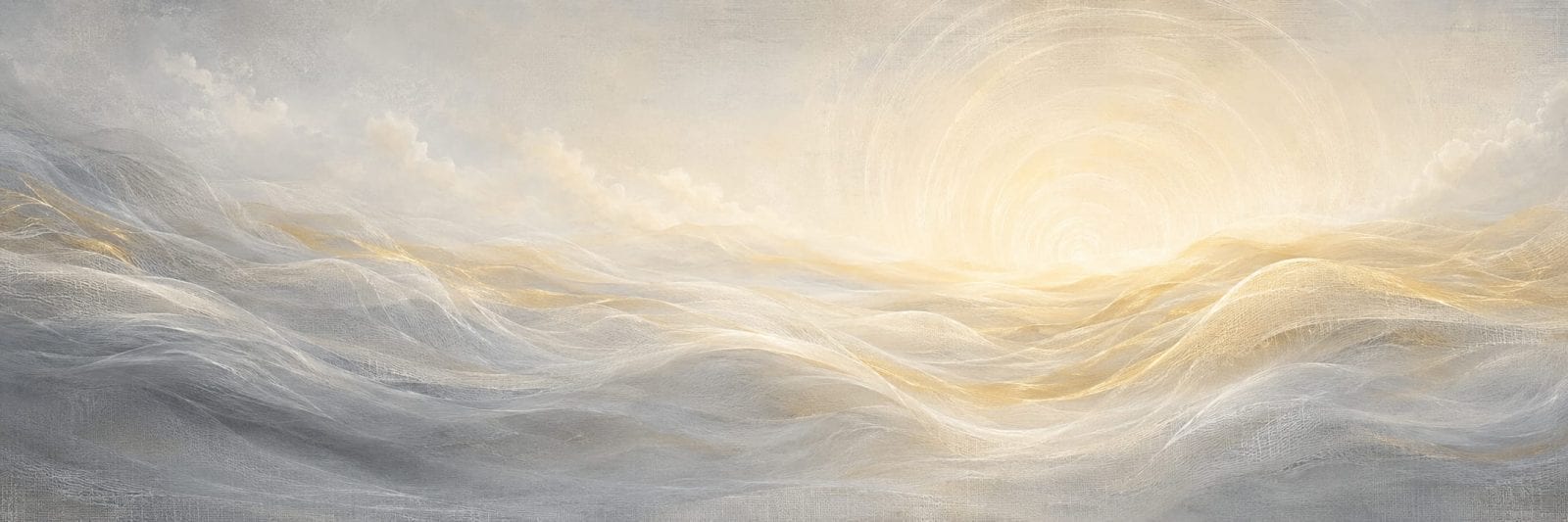 Abstract painting with wavy clouds and a glowing sunrise, subtle hints of chaos beneath gentle yellow and gray tones.