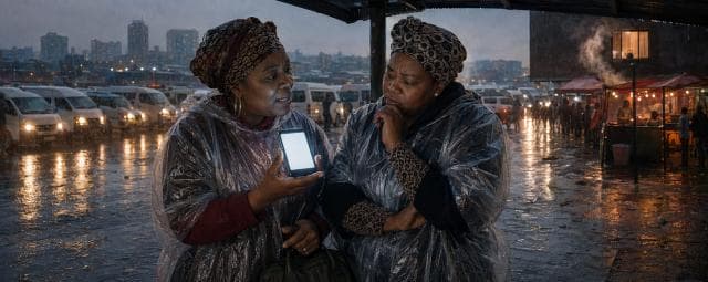 Two women in rain ponchos look at a smartphone together as city taxis drive by in the rainy background.