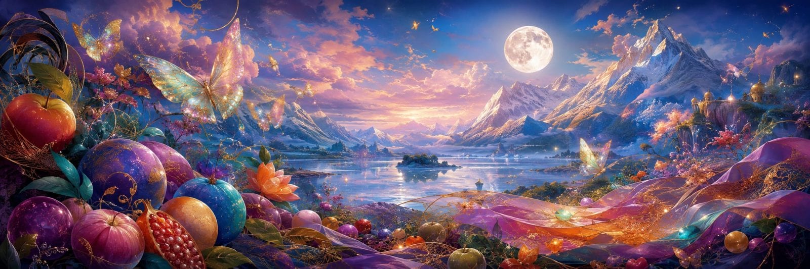 Sunset sky reflected by a lake, with glowing butterflies, fruit, a bright full moon, and snowy mountains.