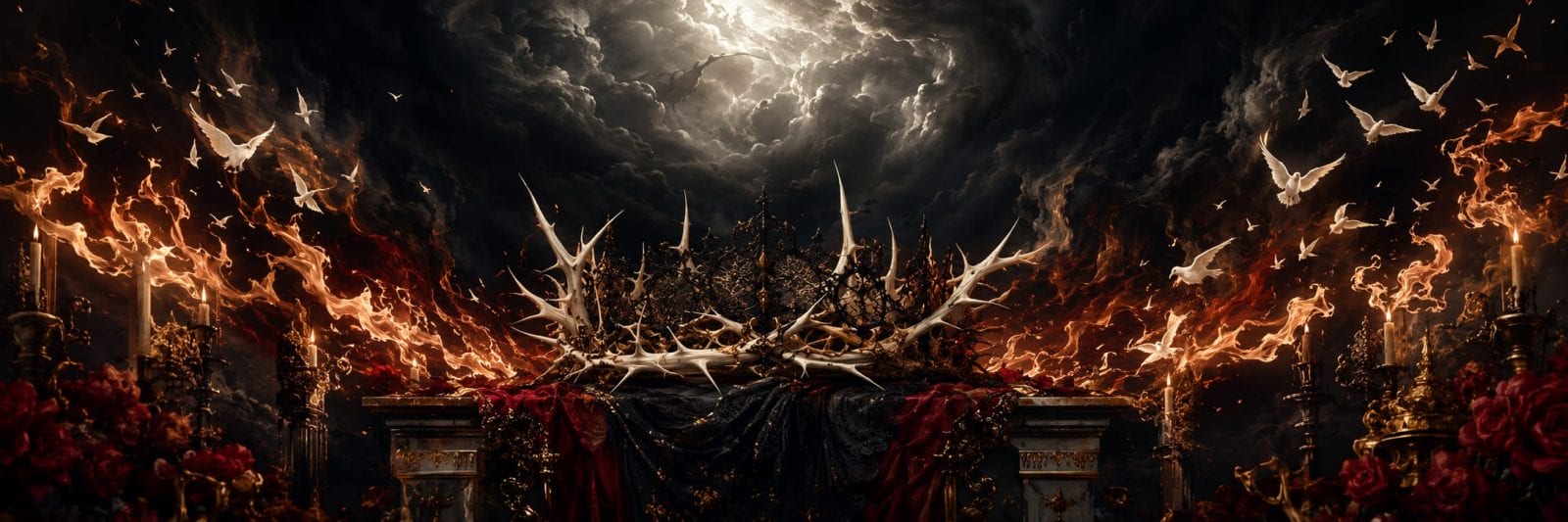Throne of antlers surrounded by fire and flying birds, red flowers in front, symbolizing strength and spirit emerging from chaos.