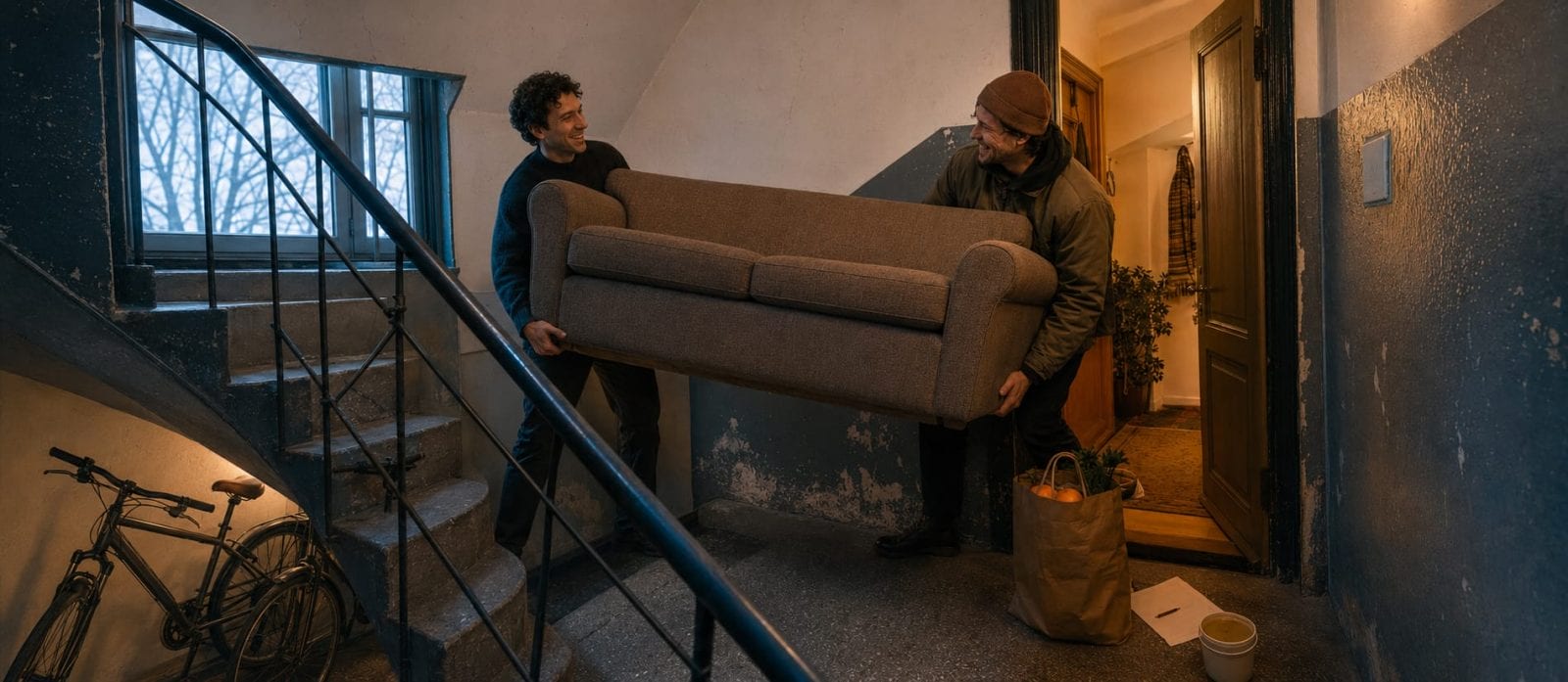Two people carry a brown sofa up a stairwell, passing groceries, a bicycle, and an open apartment door.