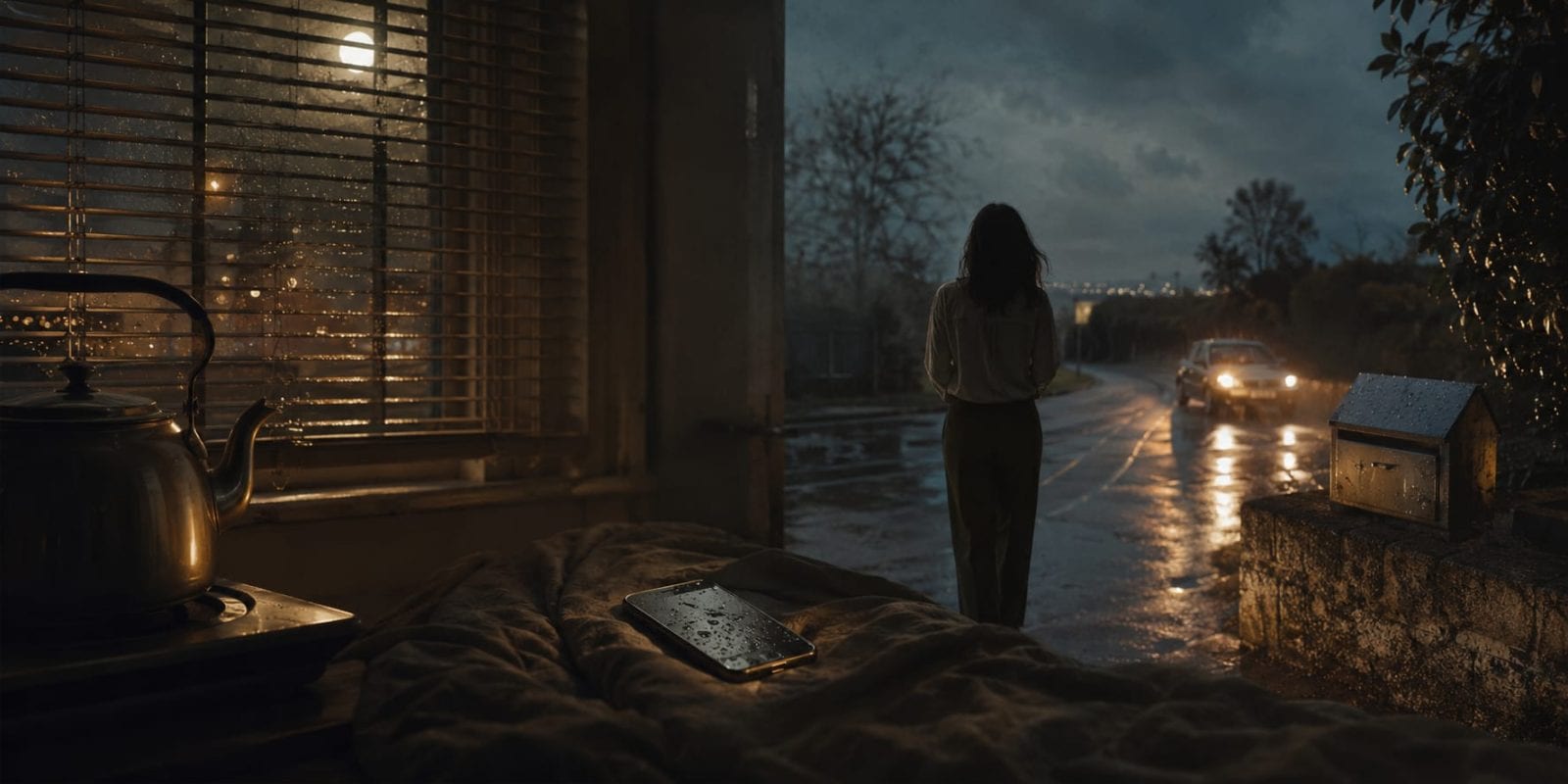 A woman stands confidently on a wet night road as a car approaches, with a lit room and smartphone visible on the bed in front.