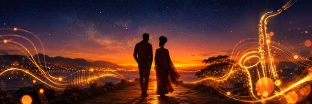 A couple walks by water at sunset, with glowing music notes and a Zulu saxophone overlaying a chaotic scene.