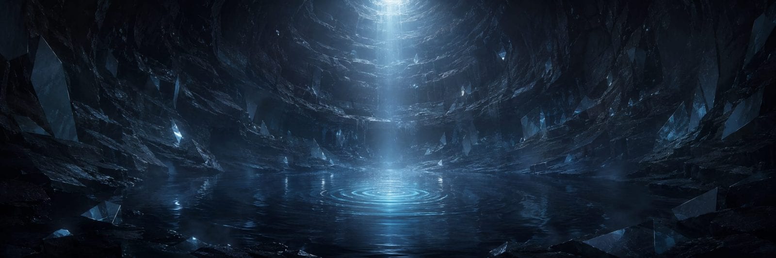 A beam of light enters a cavern, creating ripples on the reflective pool at its center.