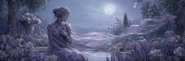 A whimsical figure made of flowers sits by water at night, draped in sheer fabric under a full moon with butterflies nearby.
