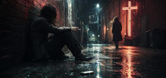 A phone lies abandoned in a rainy alley, nature reflected on wet ground as smoke drifts under a neon cross.