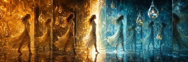 Women in flowing dresses walk through a mirrored, surreal space divided by vibrant orange and blue, evoking fantastical natural beauty.