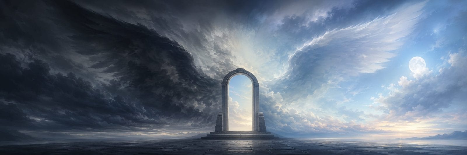 An archway connects chaos to glowing angel wings made of nature, symbolizing hope beneath a distant moon.