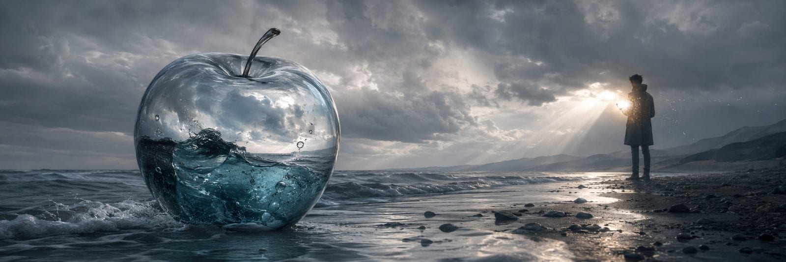 A glass apple filled with water rests on a beach as clouds swirl in the sky, representing nature and reflection.