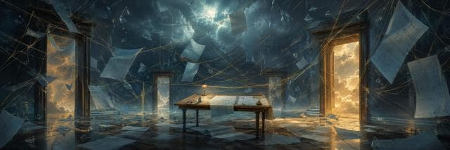 A desk with blueprints in a stormy room, with swirling strings and floating documents suggesting satire and subversion through open doors.