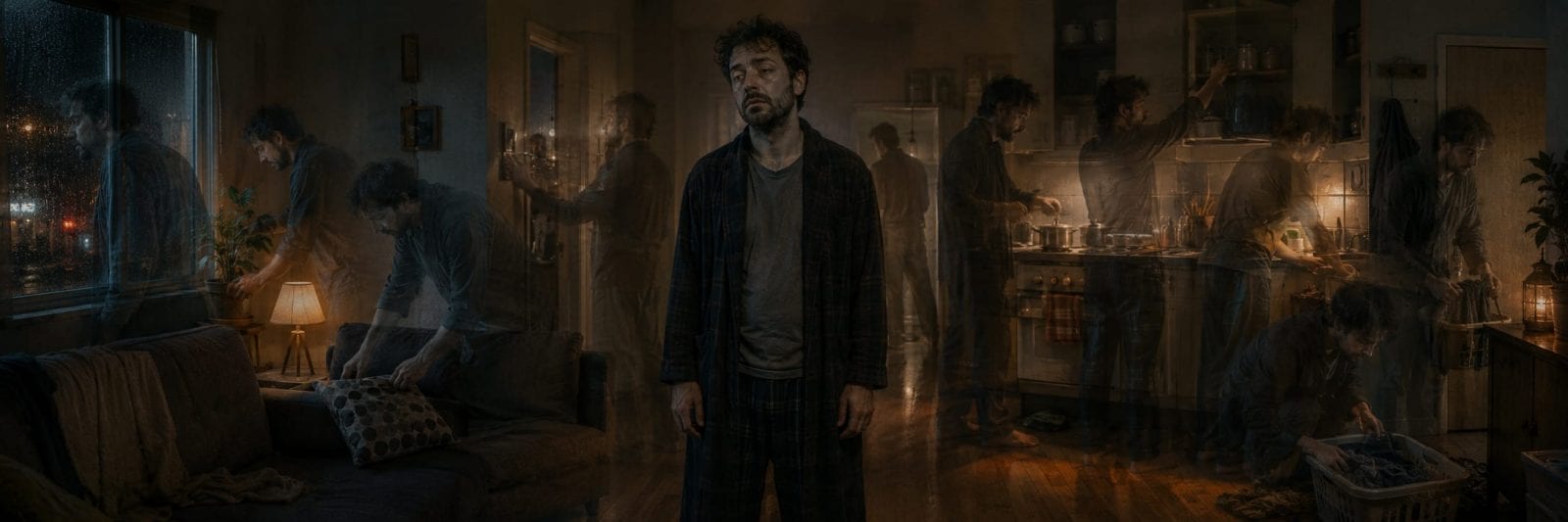 A tired man stands in his living room while ghostly versions of himself carry out various daily tasks.