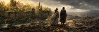 Two figures stand on rough ground outside a luminous garden gate, looking back as dark water and storm clouds gather.
