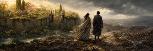 Two figures stand on rough ground outside a luminous garden gate, looking back as dark water and storm clouds gather.