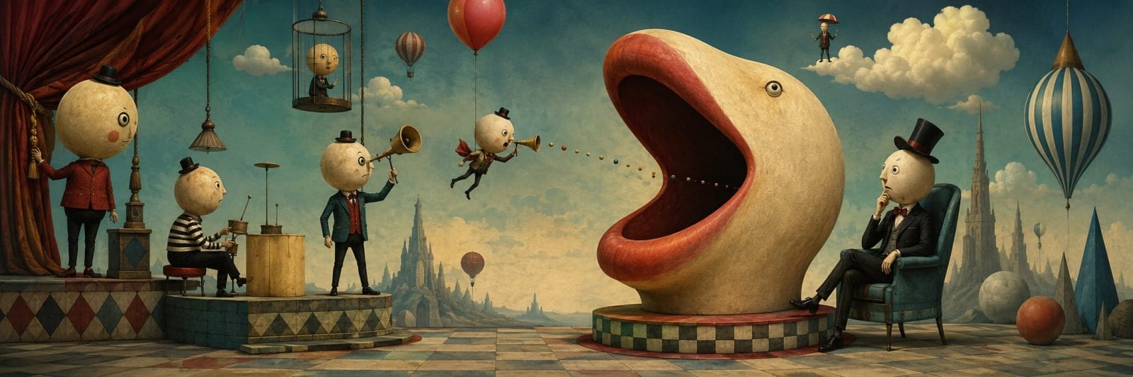Suited figures with large heads; one flies toward a giant mouth while others watch or play music in a surreal, satirical scene.