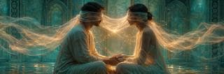 A blindfolded couple holds hands and reflects together in a surreal, ornate setting.