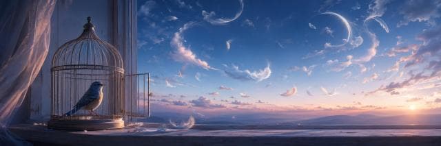 A bird sits in an open cage by a window at sunrise, with nature and reflections in skies filled with feathers and crescent moons.