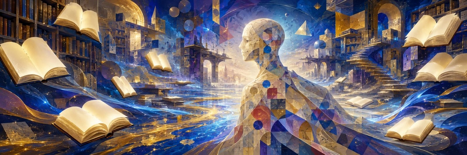 A geometric human figure stands in a dreamlike blue-and-gold library as open books float through the air.
