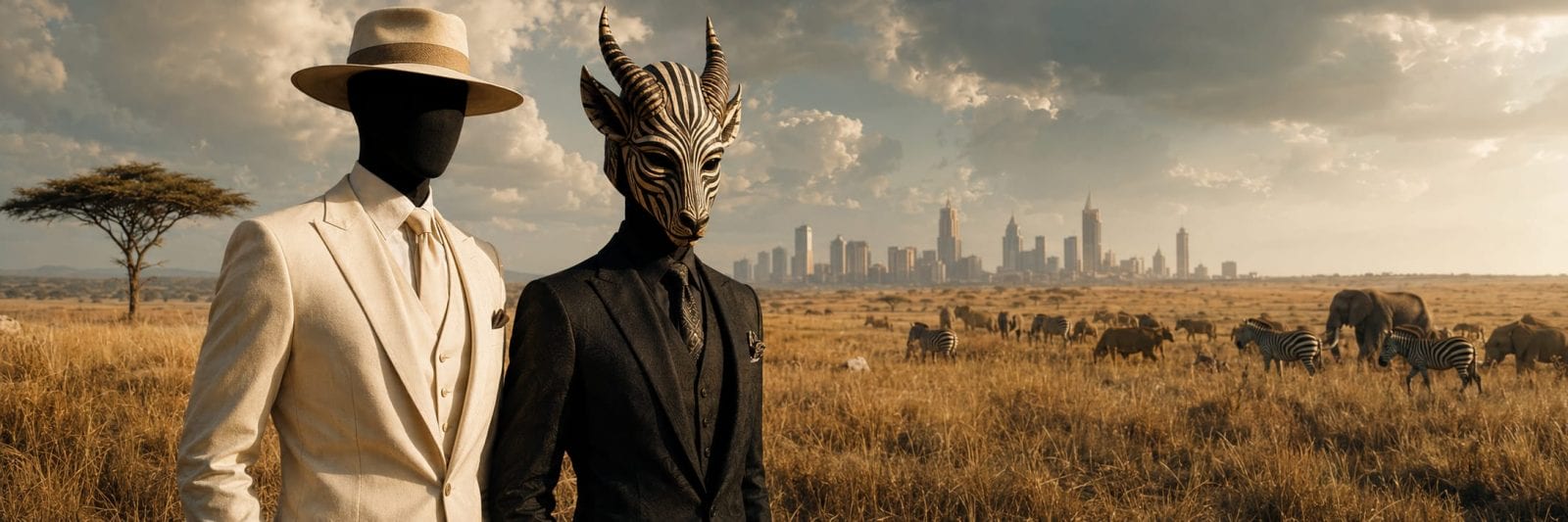 Two faceless figures in suits stand in a surreal savanna; one wears a hat, the other a zebra mask, with nature and reflection present.