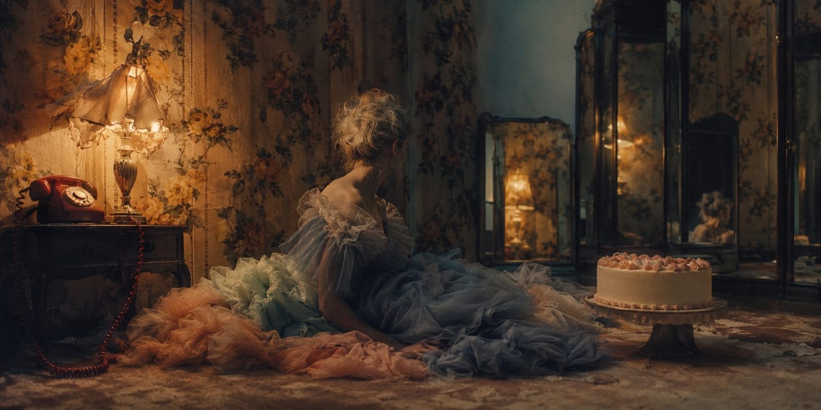 A person in a ruffled dress sits on the floor next to a cake, surrounded by vintage lamps, floral wallpaper, and ornate mirrors.