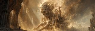 A lone figure confronts a crumbling skull among ancient ruins beneath a swirling golden sky.